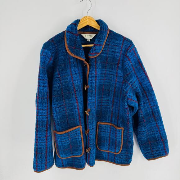 Orvis Blue Plaid Fleece Jacket Toggle Closure Sherpa Style Outerwear Size XL - Picture 9 of 9
